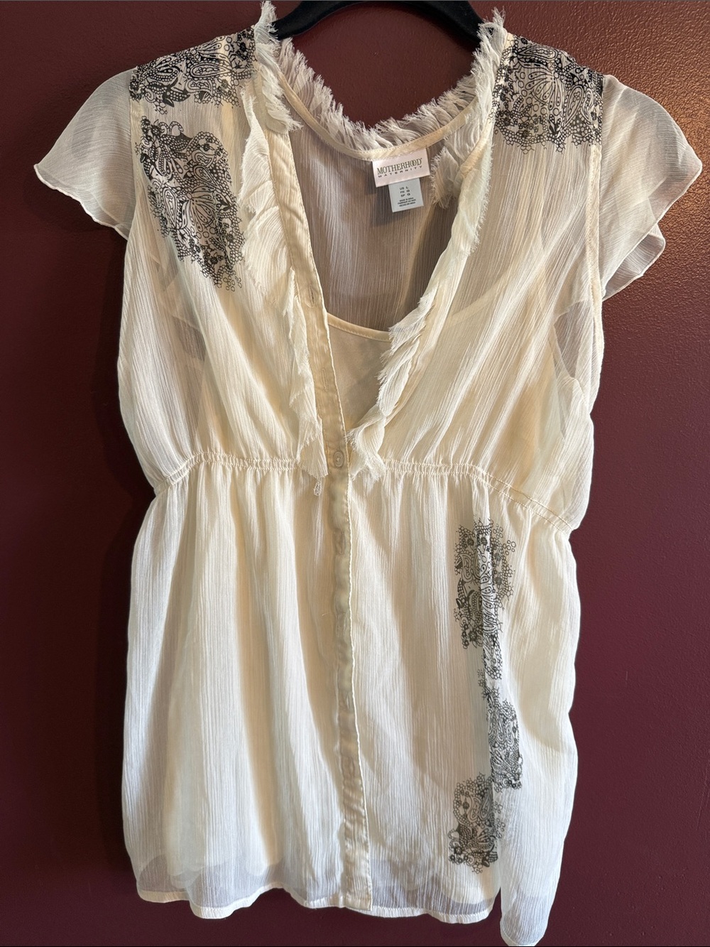 Motherhood Maternity Cream V-Neck Embroidered Flutter Sleeve Blouse